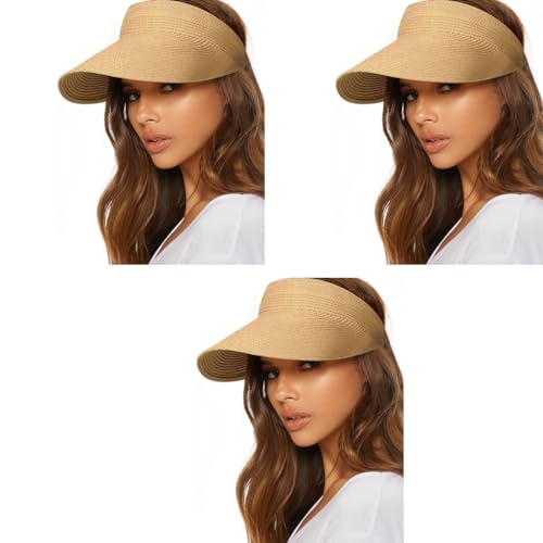 PALAY® Womens Sun Visor Hat Straw for Summer Packable Ponytail Beach Hats Travel UPF 50 Khaki 3 PCS PALAY® Womens Sun Visor Hat Straw for Summer Packable Ponytail Beach Hats Travel UPF 50 Khaki 3 PCS